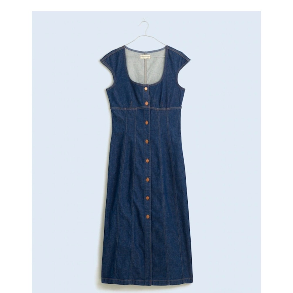 Madewell Square Neck Denim Button Front Midi Dress Benton Wash Size 8